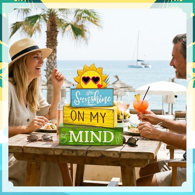 Lineshading 4 Pcs Summer Wooden Block Signs Table Decor Sunshine | Rustic Farmhouse Decorations for Tiered Tray, Shelf Displays, Seasonal Home Accents with Sun Topper, Stackable Design