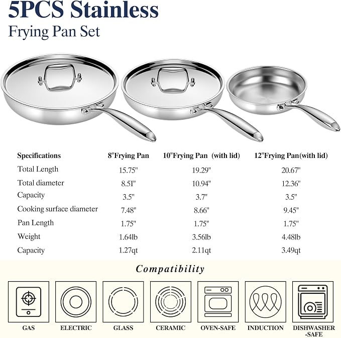 Umite Chef Stainless Steel Frying Pan Set with Lid, 3Pcs Skillet Set (Includes 8",10",12") - 5 Ply Stainless Clad - Heavy Duty & Professional Cookware Set, Fast & Even Heat, Dishwasher and Oven Safe