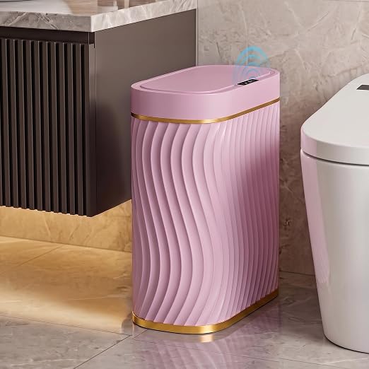 2.6 Gallon Automatic Bathroom Trash Can with Touchless Lid,Pink Gold | Motion Sensor Trash Can with Slim Waterproof Body; Small Plastic Garbage Can, hands-free lid for Bedroom, office, and kitchen