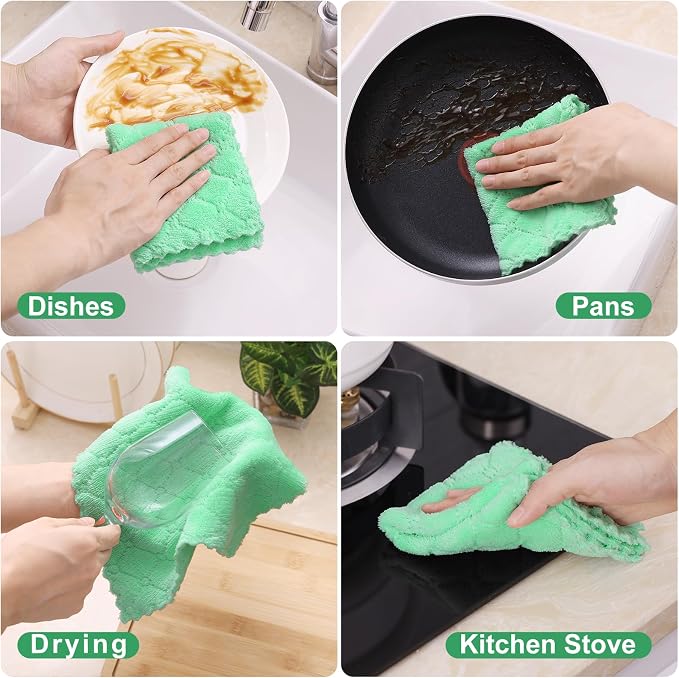 Homaxy 12 Pack Super Soft & Absorbent Dish Cloths, 10" x 10", Green | Coral Velvet, Nonstick Oil Fast Drying Microfiber Cleaning Cloth, No Lint Household Dishcloths