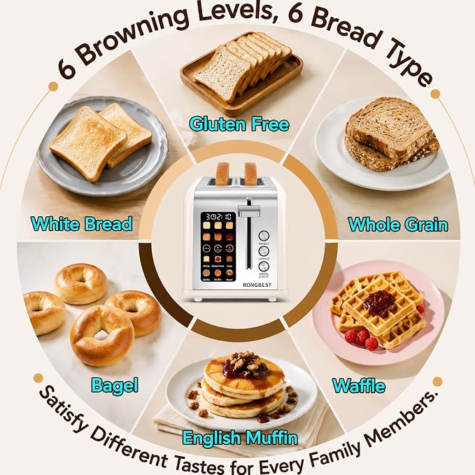 2 Slice Touch Screen Toaster Stainless Steel Wide Slots with Digital Touchscreen, Reheat & Defrost, Even Toasting for Family Breakfast Bagel & Bread, Easy Removable Crumb Tray, Cream Color