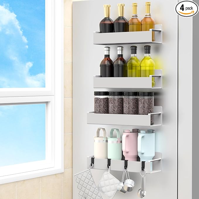 4 Pack Magnetic Spice Rack Organizer for Refrigerator and Oven, Light Grey Fridge Organizers and Storage for Kitchen