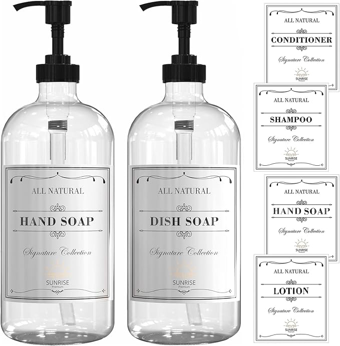 Clear Glass Soap Dispenser with Pump, 16 Oz | Clear Glass, Soap Dispenser Pump Hand and Dish,Bathroom and Kitchen Sink use, 6 waterproof (Pack of 2)