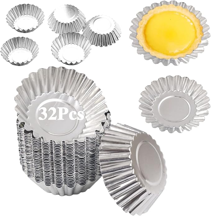 32Pack 2.75" Egg Tart Molds Aluminum Mini Tart Tins Pans for Baking | Reusable Small Round Fluted Pie Quiche Molds, Nonstick Carbon Steel Baking Cupcake & Muffin Pans for Christmas Dessert