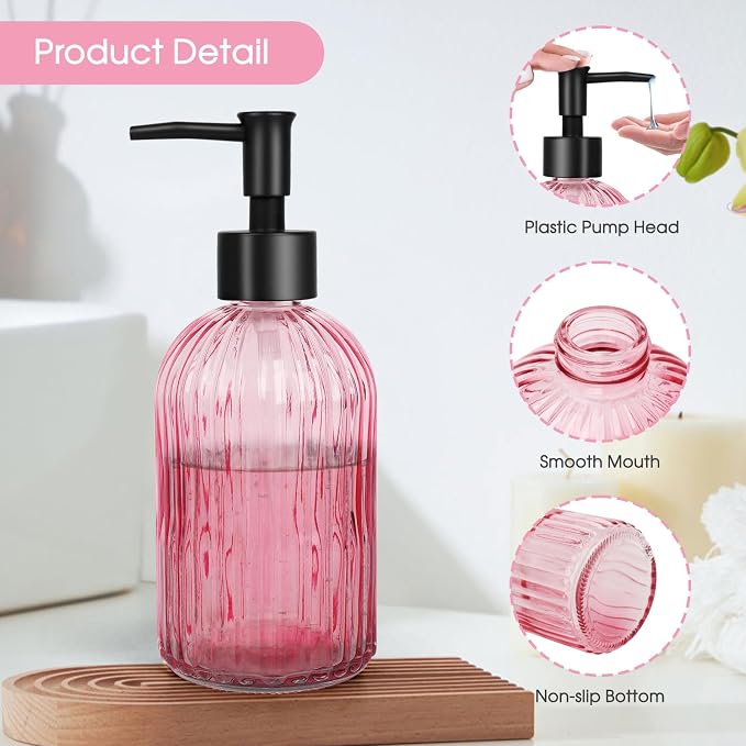 Topsky Stripe Glass Soap Dispenser with Black Plastic Pump, 400ml Liquid Hand Soap Dispenser, Rustproof Pump for Kitchen & Bathroom, Great for Lotions, Essential Oil, Liquid Soaps-Pink