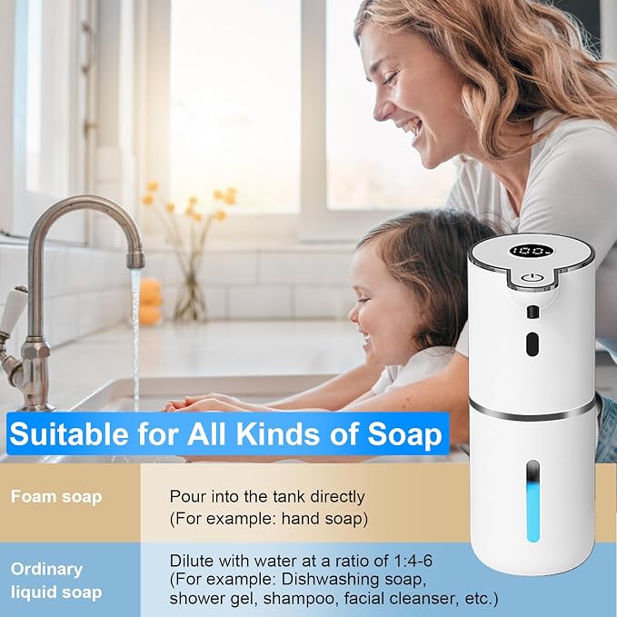OHIFAST Automatic Foaming Soap Dispenser Touchless, USB Rechargeable Smart Hand Soap Dispenser, 6-Level Adjustable, 12.8oz/380mL Wall Mounted for Bathroom Kitchen Dish Soap-White