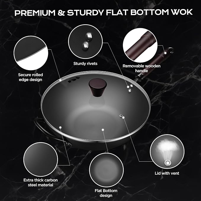 FGJ Wok, 13 Inch Carbon Steel Wok Pan Set 6PCS & Stir-fry Pans Nonstick, Pre-Seasoned 5.8QT Flat Bottom Chinese Woks Paella Pan Set, Carbon Steel Cookware, Compatible with All Cooktops