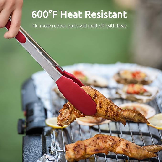U-Taste Kitchen Tongs for Cooking, 600ºF Heat-Resistant Silicone, 3Pcs/Red | Tong Utensils Set 7/9/12in, Salad/Grill/BBQ Plastic Tongs for Food Serving, Rubber Thong with 18/8 Stainless Steel Handle