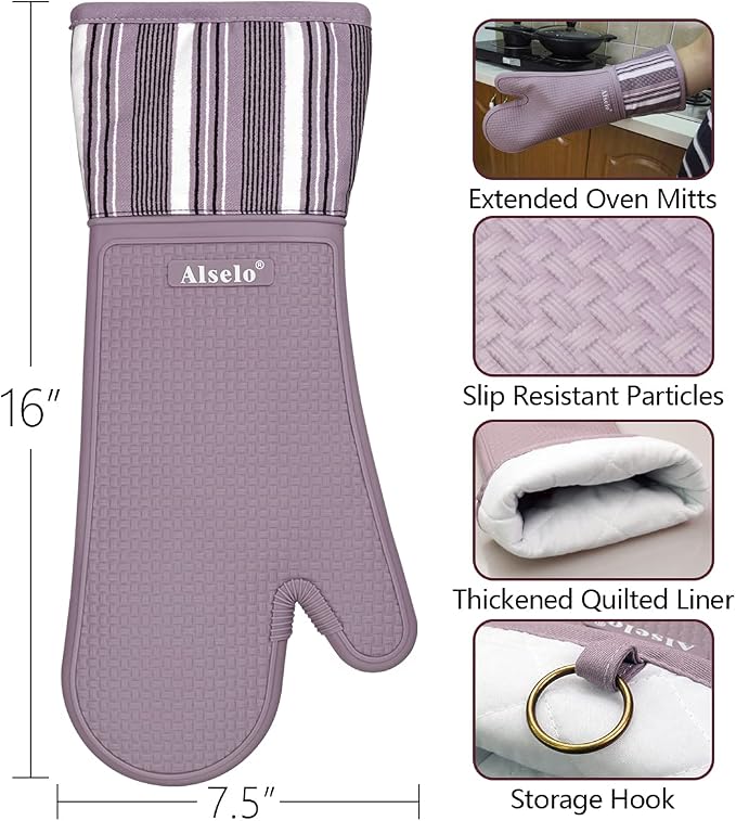 Alselo Silicone Oven Mitts Set, Heat Resistant 550 Degree,7.5"x16" | Extra Long Kitchen Mittens,Waterproof & Non-Silp Oven gloves for Baking Cooking Barbecue Microwave (Extra Long Purple, 2)
