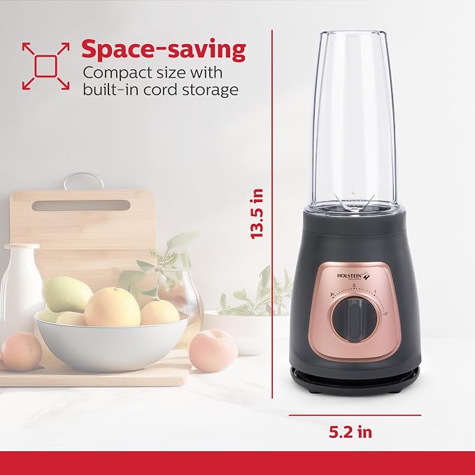 Holstein Housewares Personal Blender – 25 oz Travel Jar, Two-Speed Knob with Pulse Function, Stainless Steel Blades, Compact & Portable, Cool Grey/Rose Gold