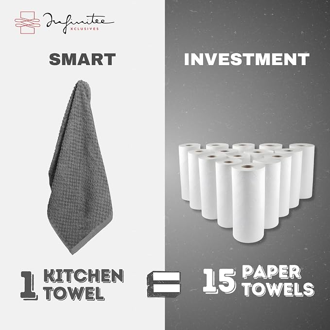 Infinitee Xclusives Kitchen Towels - 3 Pack - Cotton Dish Towel |15" x 25"| | 100% Cotton, Highly Absorbent Tea Towels - Lint Free, Soft, Durable & Quick Dry, Ideal for Drying Dishes & Kitchen Cleaning