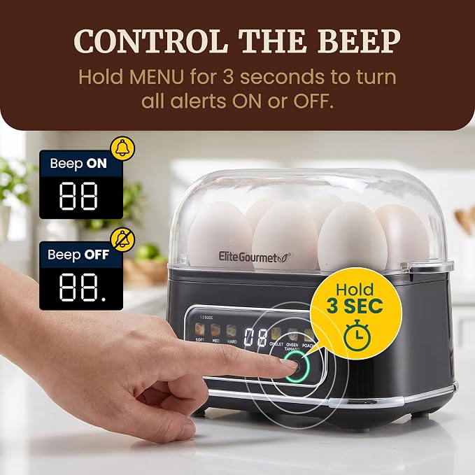 Elite Gourmet Digital Egg Cooker, 6-Egg, Onsen Tamago, Black | One-touch menu cooks soft, medium, or hard-boiled eggs plus poached eggs and omelets - audible alert on/off - auto shut-off