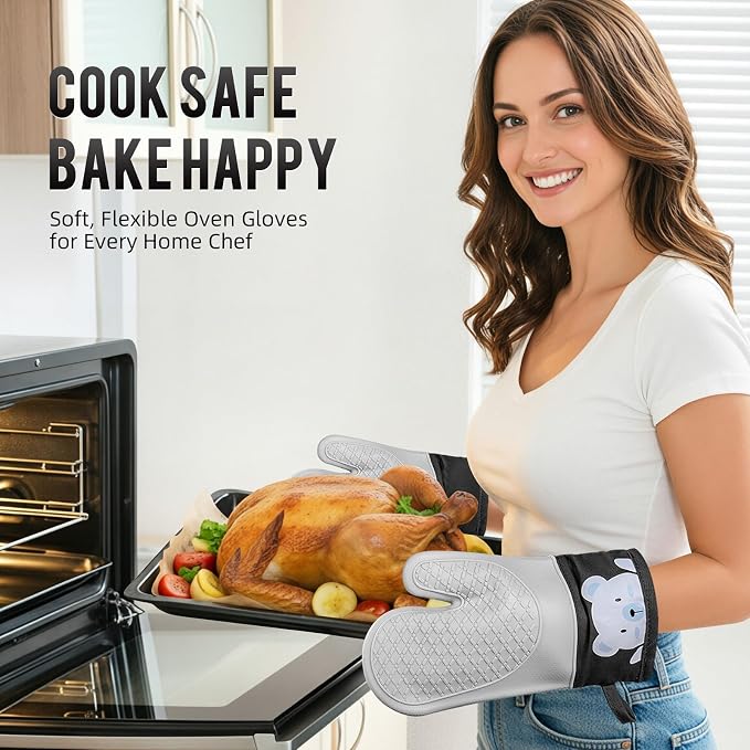 Silicone Oven Mitts Heat Resistant 500F, 2PCS Cute Bear Pattern Kitchen Oven Gloves with Cotton Lining, BPA-Free Baking Gloves - Flexible Non-Slip Grip Kitchen Mitts for Cooking Baking BBQ