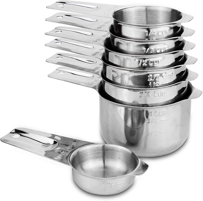 7-Piece 18/8 Stainless Steel Measuring Cups Set, Silver | Includes 1/16, 1/4, 1/3, 1/2, 2/3, 3/4 and 1 Cup, Engraved US and Metric Markings, Pour Spouts and Ring Connector
