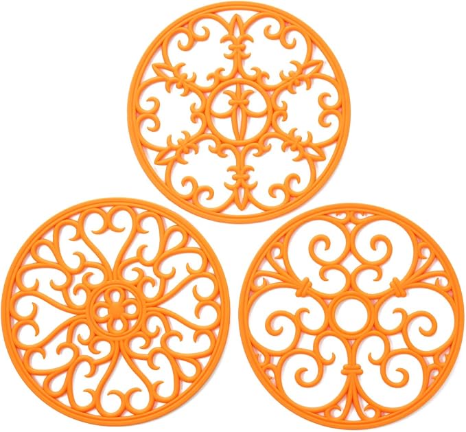 Silicone Trivet Mat - Non-Slip & Heat Resistant Kitchen Hot Pads for Countertops & Table - Kitchen Trivets for Hot Dishes & Cookware - Hot Pot Holder for Pots & Pans - Orange,Set of 3