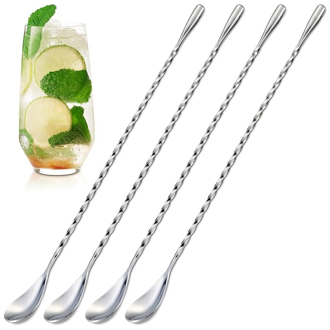 4 Pcs Bar Spoon Set, 12" Long, 18/8 Stainless Steel Cocktail Stirrers | Long Handle Sugar Spoon, Spiral Twisted Design, Corrosion Resistant, for Coffee, Tea, Dirty Soda, Home Bar, and Gifts