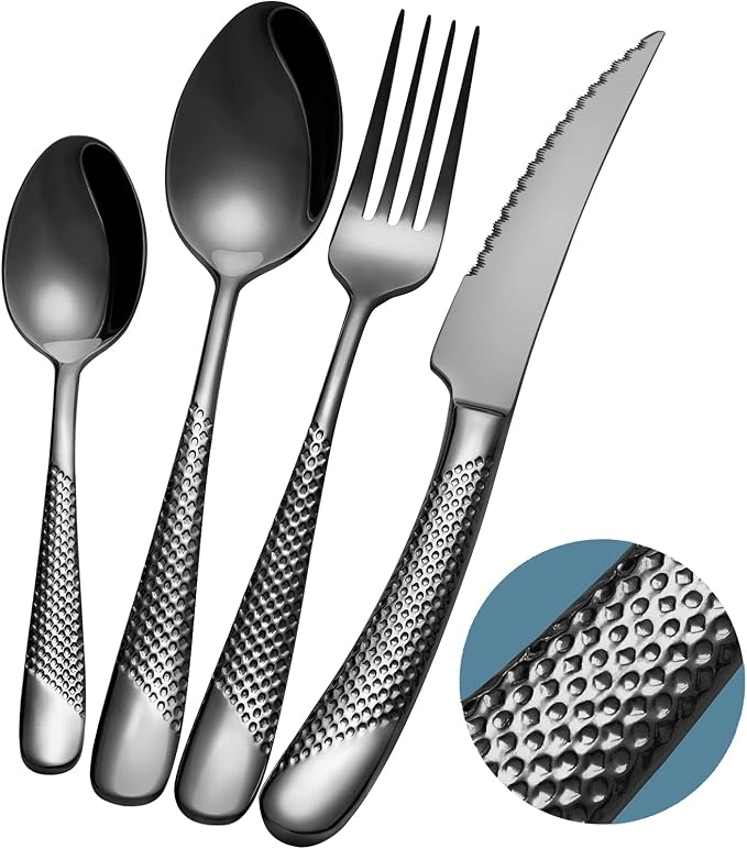 16-Piece Modern Black Hammered 18/10 Stainless Steel Silverware Set | Ultra Sharp 2-IN-1 Serrated Knives, Ergonomic Non-Slip Handles, Service for 4, Rust Resistant, Dishwasher Safe