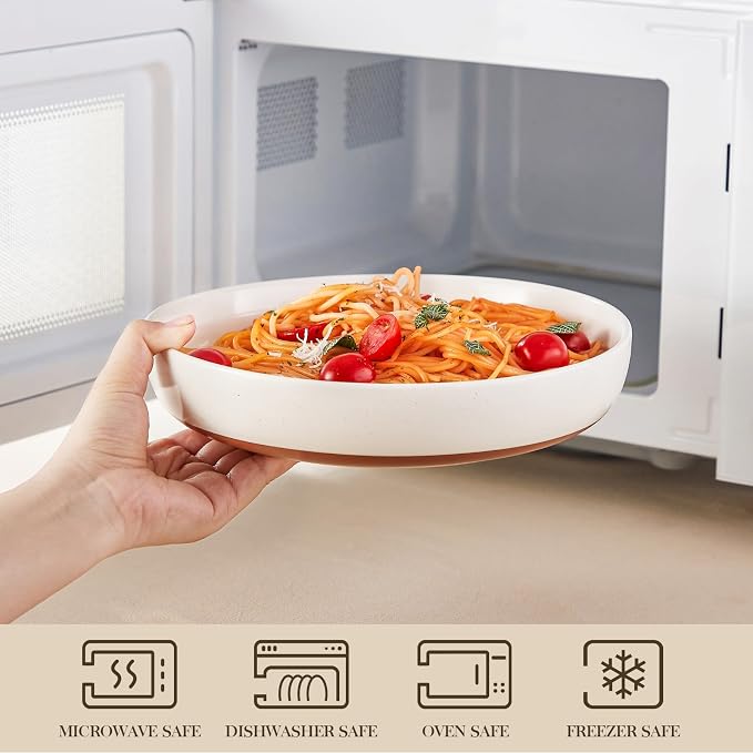MALACASA 48 Oz Pasta Bowls Set of 4, Ceramic Soup Bowls, TARA Khaki White | Microwave and Dishwasher Safe, Chip-Resistant, For Salad, Soup, Fruit, and Dessert, 9 Inch Wide, Stackable, Modern Design