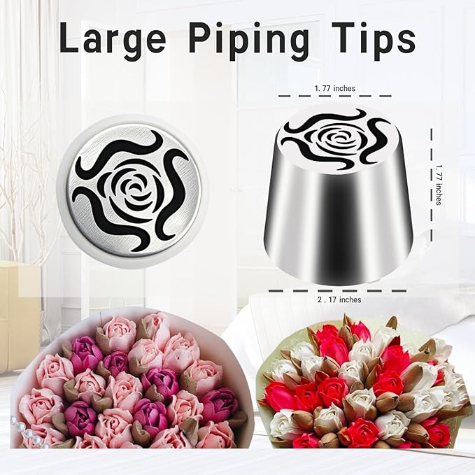 10PCS Extra Large Russian Piping Tips Stainless Steel 3D Flower Frosting | (XXL)Russian Piping Tips for DIY Cream Bouquets, Cake Flower Decoration & Cake Decorations. Beginner-Friendly