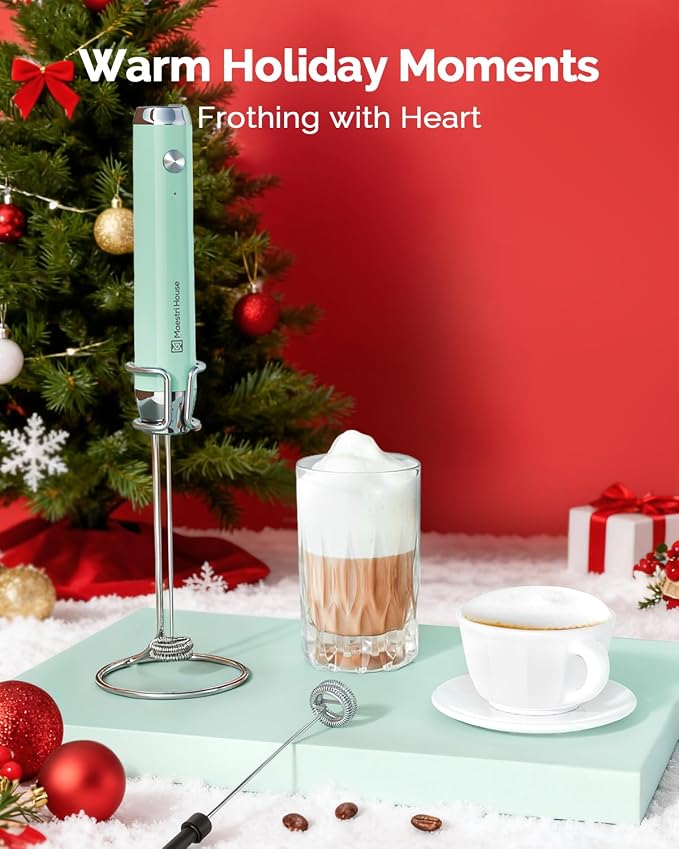 Maestri House LunaFro Rechargeable Milk Frother,Stand & 2 Detachable Whisks | 8000RPM Turbo Motor, 1200mAh lithium battery, Handheld Milk Frother for Lattes, Cappuccino, Matcha & Powdered Supplements