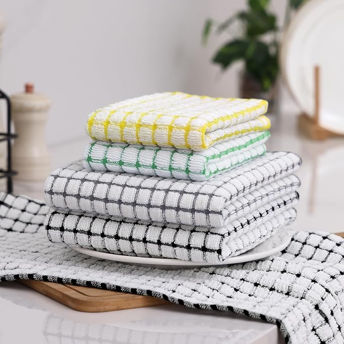 Homaxy Kitchen Towels and Dishcloths Set (16”x 25” and 12”x 12”, 8 Pack) | Cotton Terry Kitchen Dish Towels, Super Soft and Absorbent Dish Cloths, Black/Grey/Yellow/Green