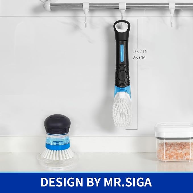 MR.SIGA Soap Dispensing Dish Brush, Kitchen Brush for Pot Pan Sink, 2 Pack | Dish scrubber with soap dispenser, dish soap brush with scraper