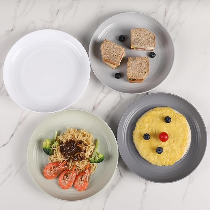 HEYCOME 12 Pcs Unbreakable Deep Dinner Plates Set, 10 inch Reusable Plastic Wheat Straw Plates, Microwave and Dishwasher Safe Plate for Kitchen, Lightweight Plate for Dessert, BPA Free, Beige