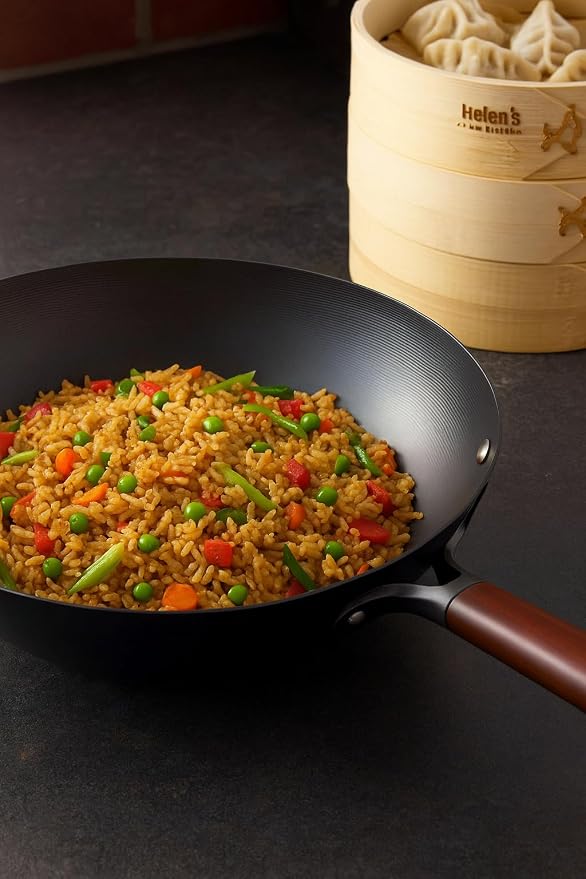 Helen's Asian Kitchen Pre-Seasoned Carbon Steel Wok, 12-Inch Stir Fry Pan