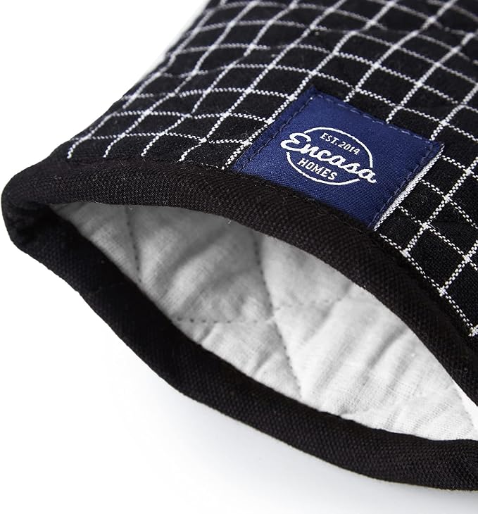 Encasa XO Oven Mitts, Heat Resistant Kitchen Gloves, Microwave | Butcher Checks Black, 100% Cotton | Diamond Quilted Insulation | Pot Holders | Hanging Loop | Barbecue & Grill | Set of 2