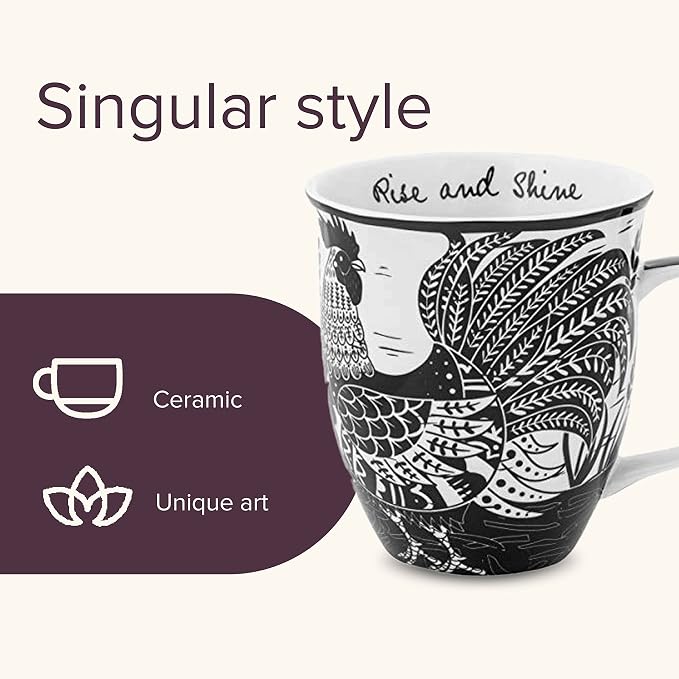 Karma Gifts 14 oz Black and White Boho Mug Rooster - Cute Coffee and Tea Mug - Ceramic Coffee Mugs for Women and Men