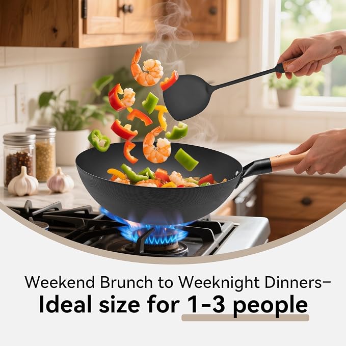 WANGYUANJI 11.8" High Purity Iron Wok Pan,Flat Bottom Stir Fry Pan for Electric,Induction & Gas Stoves,No Chemical Coating Carbon Steel Alternative,Traditional Hand-Hammered Skillet for Cooking