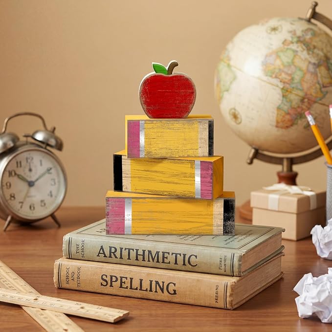 Lineshading 4 Pcs Back To School Table Decor Wooden Apple Block Signs | Back to School Teacher Decor, Pencil Apple Blocks for Classroom Tiered Tray, Rustic Farmhouse Tabletop Signs Gift