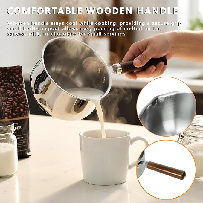 GREATLINK Small Sauce Pan with Lid and Wooden Handle for Cooking - 1 Quart Stainless Steel Saucepan with Pour Spout for Heating Milk, Melting Chocolate, Warming Sauces - Small Pot for All Cooktop