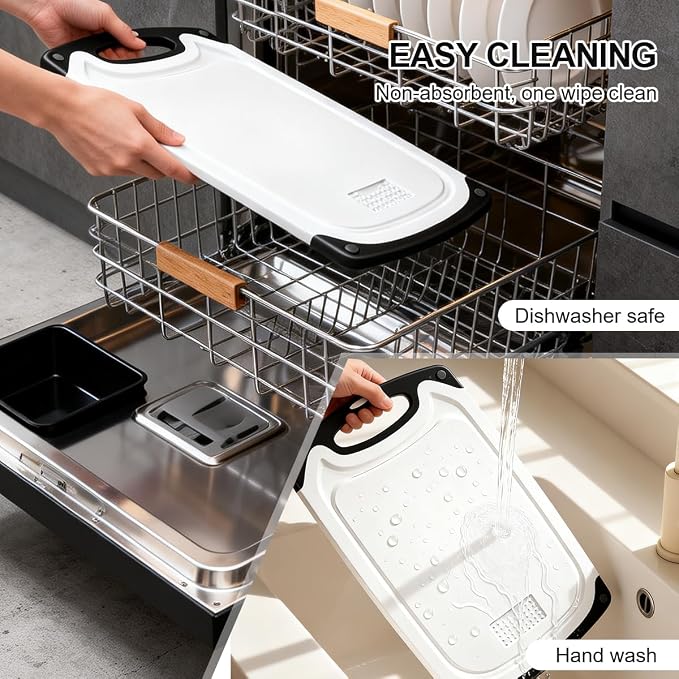 Viretang Dishwasher Safe Cutting Board for Kitchen, 3 Pieces, Grinding Area | Plastic Cutting Boards with Juice Grooves, Easy Grip Handle, Non-Slip, Non BPA, White(15.6x9.4/12.4x7.8/9.6x5.7 inch)