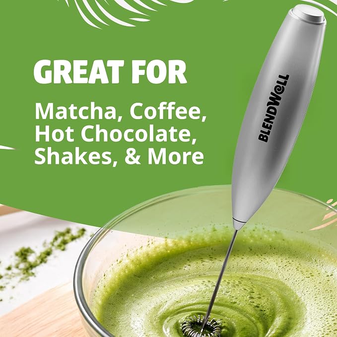 BlendWell Electric Milk Frother for Matcha and Coffee, Handheld Battery Operated Drink Mixer with Stand, Stainless Steel Whisk, Silver