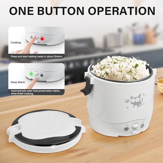 OSBA 12V Rice Cooker for Car 1L Mini Rice Cooker with Steamer, White | 2Cup Portable Travel Rice Cooker for 1-2 People, Cooking Heating & Auto Keeping Warm Function, Used as an Electric Lunch Box