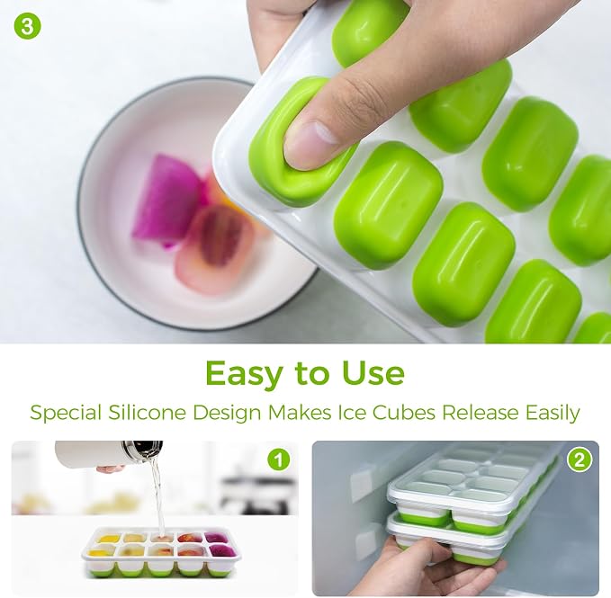 DOQAUS Ice Cube Tray with Lids, 2 Pack Silicone Ice Trays for Freezer | Stackable BPA & LFGB Safe, Easy Release for Kitchen, RV, Cocktail, Coffee, Soup & Food