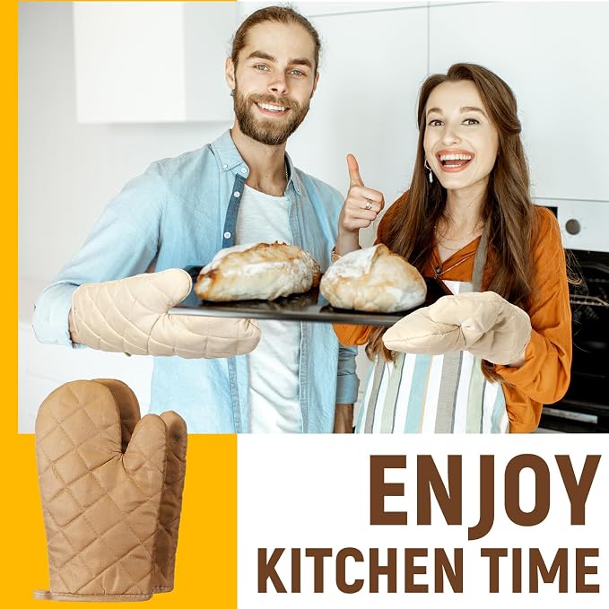Geyoga 12 Pairs Oven Mitts Heat Resistant Kitchen Long Oven Gloves Mitts Thick Cotton Winter Quilted Baking Flexible Glove Bulk for Cooking BBQ Picnic Kitchen Grilling 10.6 Inch(Beige Coffee Color)