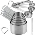 Measuring Cups and Spoons Set 14, Metric & US 18/8 Stainless Steel Measuring Cups and Spoons Set, Dry & Liquid Metal 6 Measure Cups & 7 Measure Spoons w/Leveler for Kitchen & Baking
