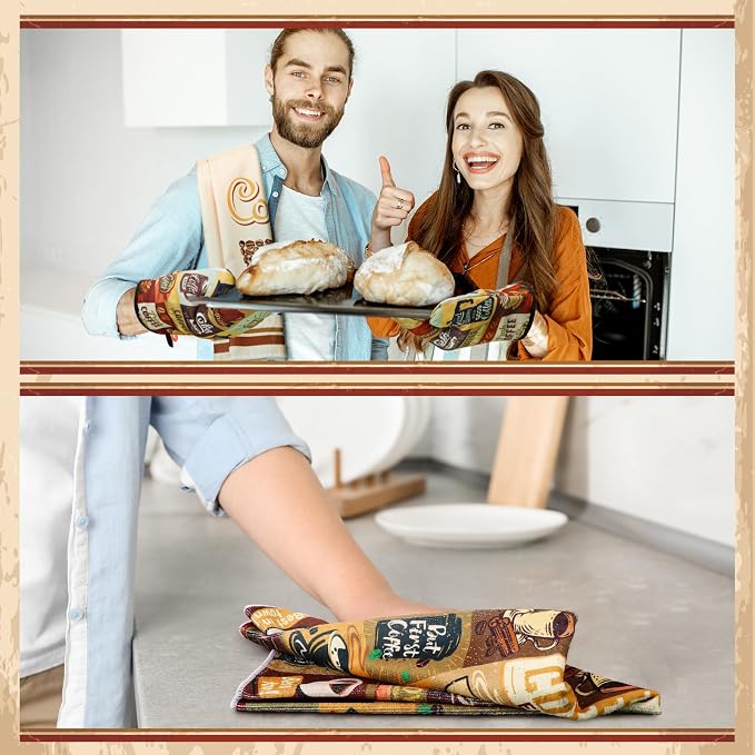 Bencailor 6 Pcs Coffee Kitchen Decor Coffee Kitchen Towels Brown Pot Holders and Oven Mitts Sets 2 Farmhouse Cooking Mittens for Cooking Grilling Supply Accessories