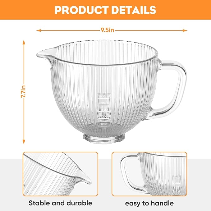 Cofun Glass Mixer Bowl for Kitchenaid Tilt-Head Stand Mixers 4.5-5 Quart | 5 Qt Mixing Bowl Replacement for KitchenAid with Measurement Markings, Handle