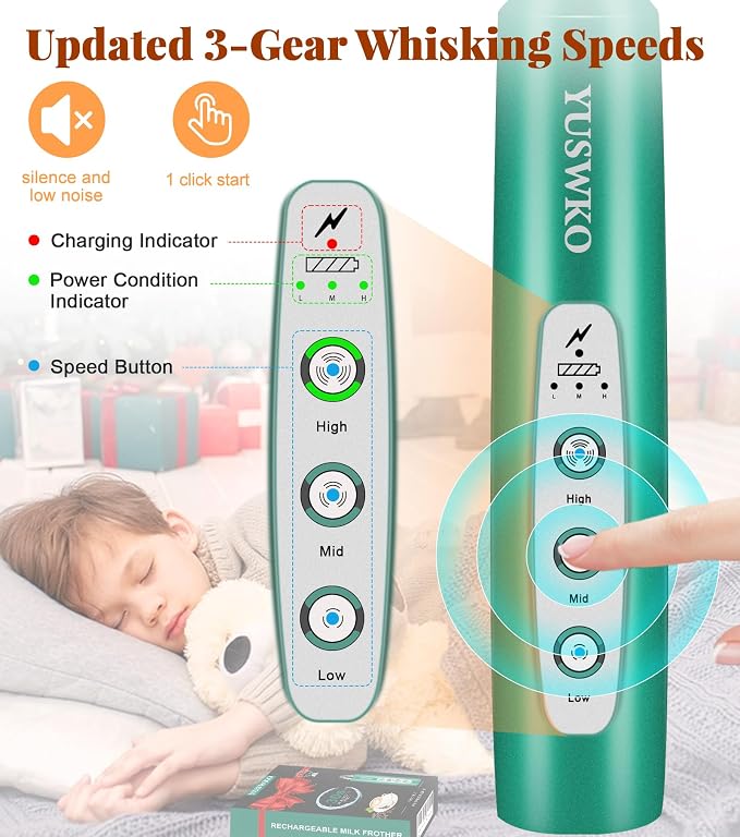 YUSWKO Handheld Milk Frother Wand for Coffee, Rechargeable Electric Whisk with 3 Heads 3 Speeds Drink Mixer Coffee Frother For Latte, Cappuccino, Hot Chocolate, Egg, Green