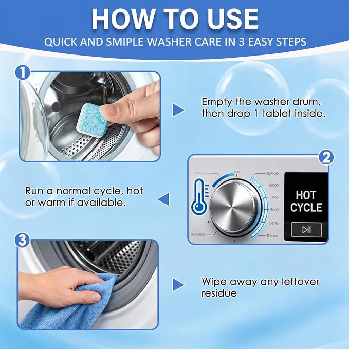 Enzyme Washing Machine Cleaner Tablets (24 Pack) – Protease Laundry Machine Cleaner Descaler for HE, Front Load & Top Load Washer, Deep Clean, Removes Odor, Fur, Residue & Buildup (2-Year Supply)