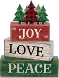 Lineshading 4 Pcs Christmas Table Decor Christmas Tree Block Signs Joy Love | Stacked Wood Signs with Plaid Trees, Rustic Farmhouse Tiered Tray Decor for Home, Distressed Finish