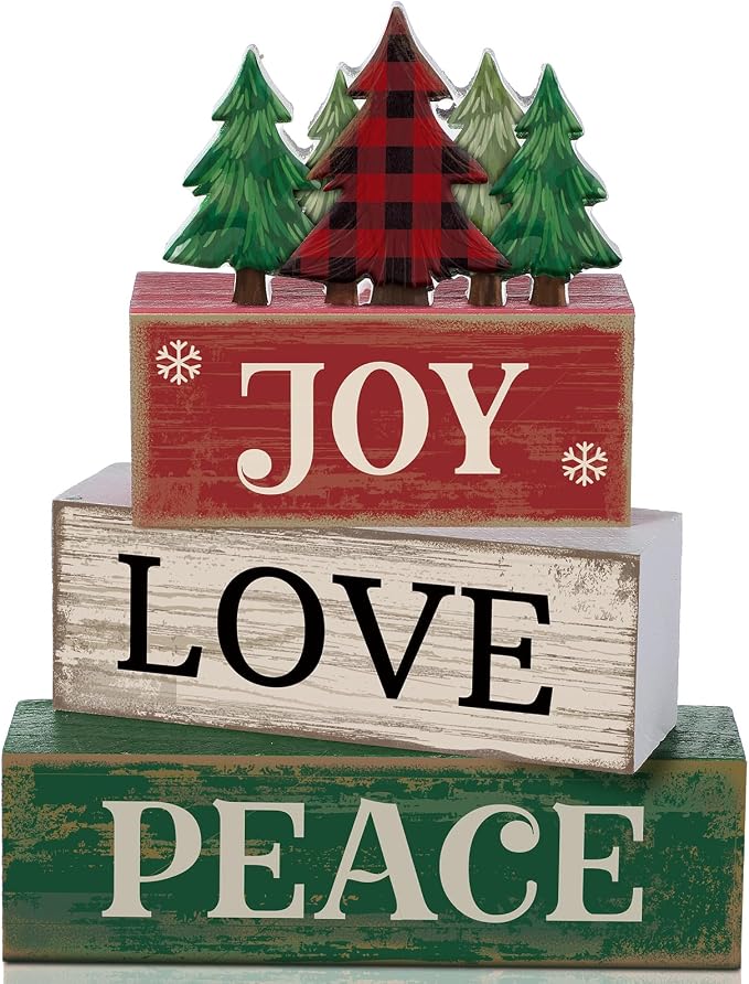 Lineshading 4 Pcs Christmas Table Decor Christmas Tree Block Signs Joy Love | Stacked Wood Signs with Plaid Trees, Rustic Farmhouse Tiered Tray Decor for Home, Distressed Finish