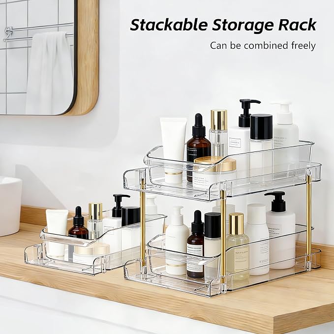 LAREKUN4pack 2-Tier Organizer & Storage Unit Stackable Bathroom Cabinet Organizer Pull-Out Kitchen Pantry Organizer & Storage System Suitable for Countertops, Pantries, Kitchens, Bathrooms