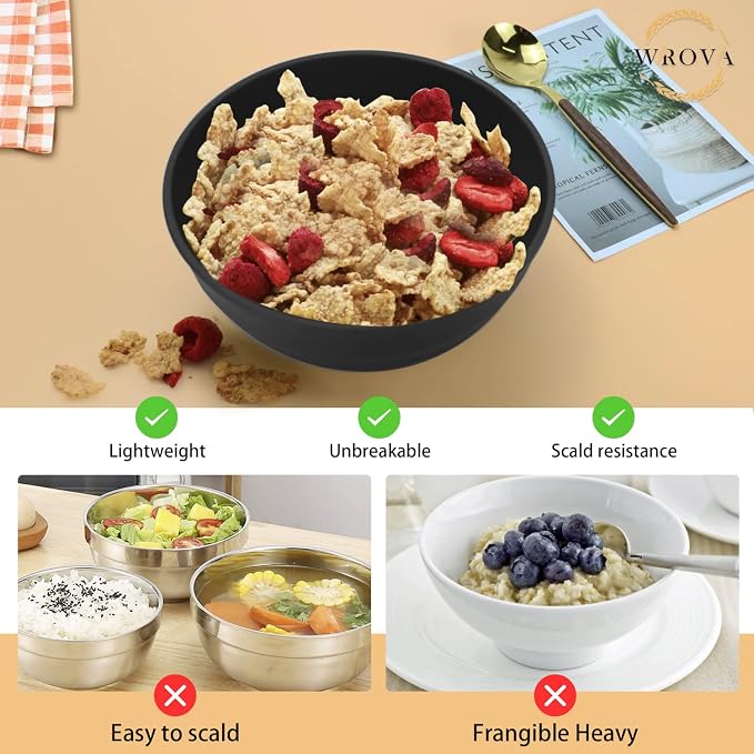 Wrova Wheat Straw Bowls Set 60 OZ Unbreakable Large Cereal Bowls Set of 6 Microwave and Dishwasher Safe Bowls Big Bowls for Camping and Picnic BPA Free Soup Bowl for Serving Oatmeal and Salad. Black