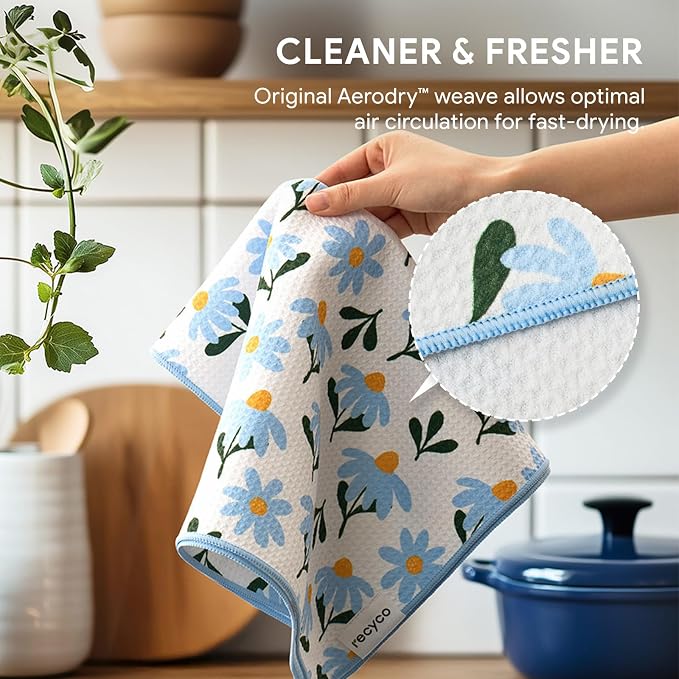 RECYCO Waffle Kitchen Towel Set of 2 - Quick Dry Microfiber Sustainable Dish Towels - Ultra Absorbent Reusable Cleaning Tea Towels - Lightweight Hand Towels,16”x 28”, Daisy Dreams