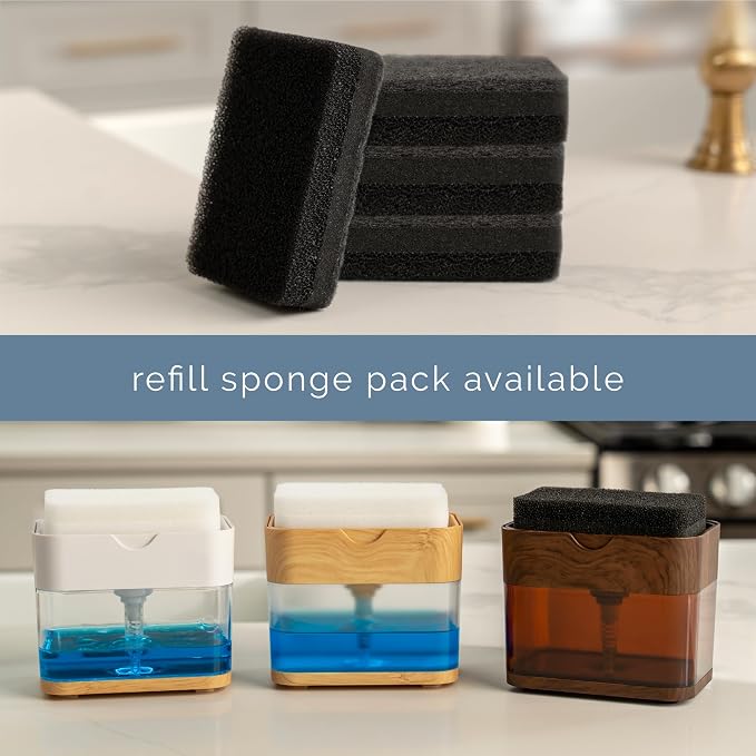S&T INC. Dish Soap Dispenser and Sponge Holder, Plastic Walnut and Amber | Patented Design, Holds 13 Fluid Ounces, Sponge and Waterproof Labels Included, Non-Slip Feet