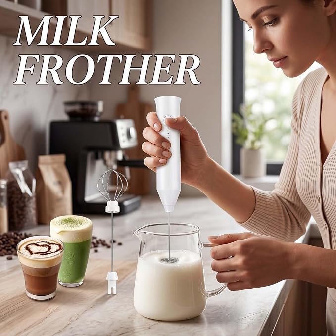 Milk Frother Handheld Rechargeable, Frother Wand Drink Mixer Electric Whisk for Coffee, Detachable With 2 Stainless Whisks, Hand Mixer for Lattes, Matcha, Egg(White)